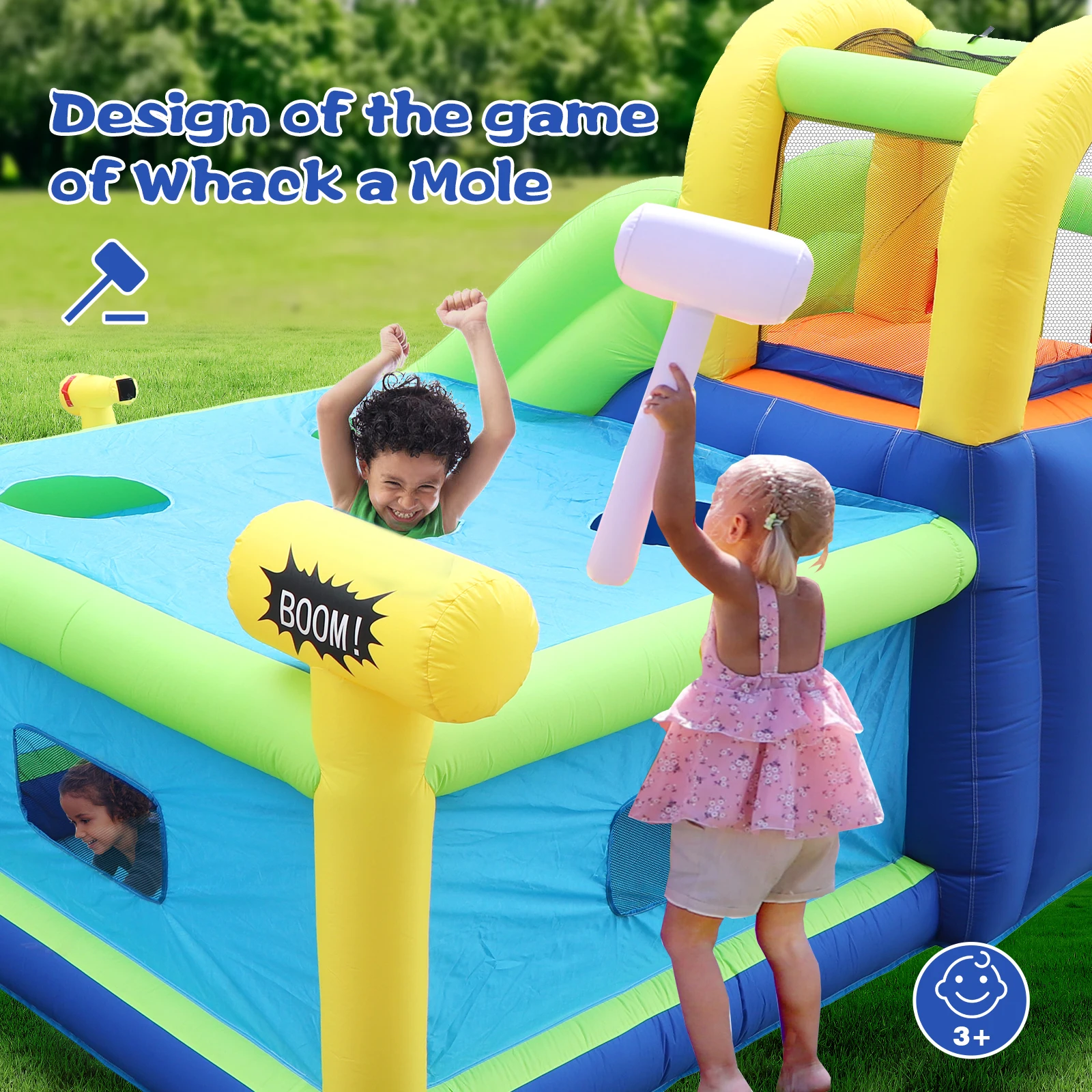 7 in1 Inflatable slide water park bouncing house outdoor garden bouncer with Whack a mole games & Splash pool & Target games & W 3