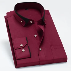 Elegant Men's Long Sleeve Dress Shirt with Contrast Collar and Anti-Wrinkle Finish - 38 Size 160CM 50KG (Wine Red)