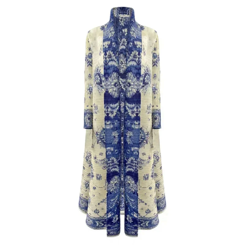 Miyake Pleated  Turn-down Collar Long Sleeve Long Jacket Women 2023 New Vintage Printed Design Plus Size Coats Clothing