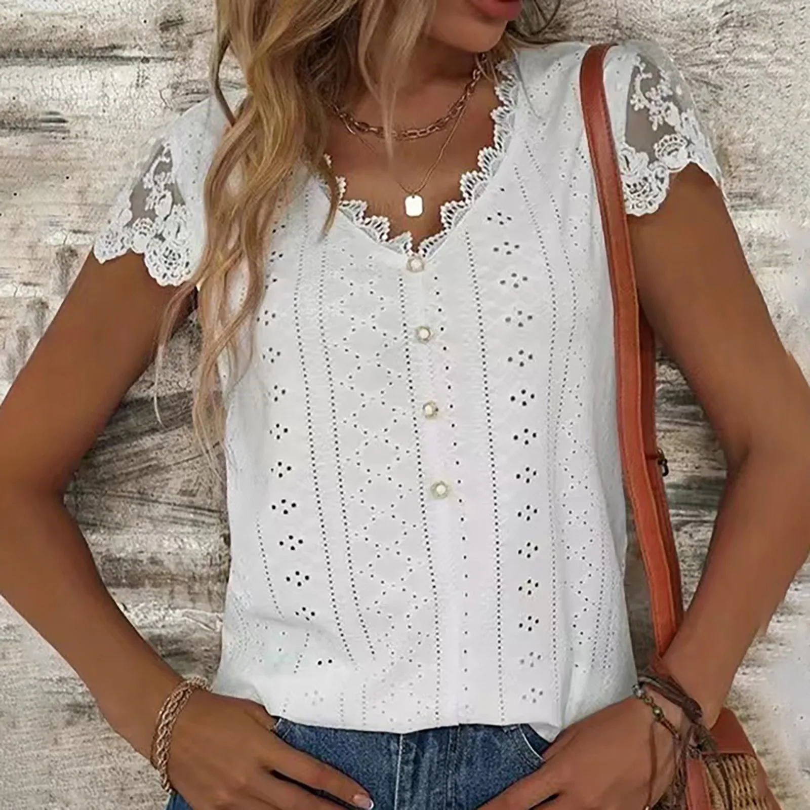 

Womens Hollow Out Lines Shirt Boho Summer Tops Lace Patchwork V Neck Button Shirts Elegant Female Short Sleeve Tops Streetwear