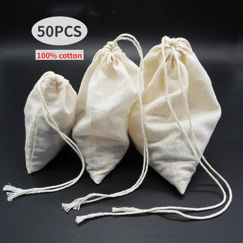 

50 Pcs/Lot 30*40cm Cotton Drawstring Tea Bags Food Rice Wheat Storage Muslin Pouches Multi Size Kitchen Home Organizer Dustbags