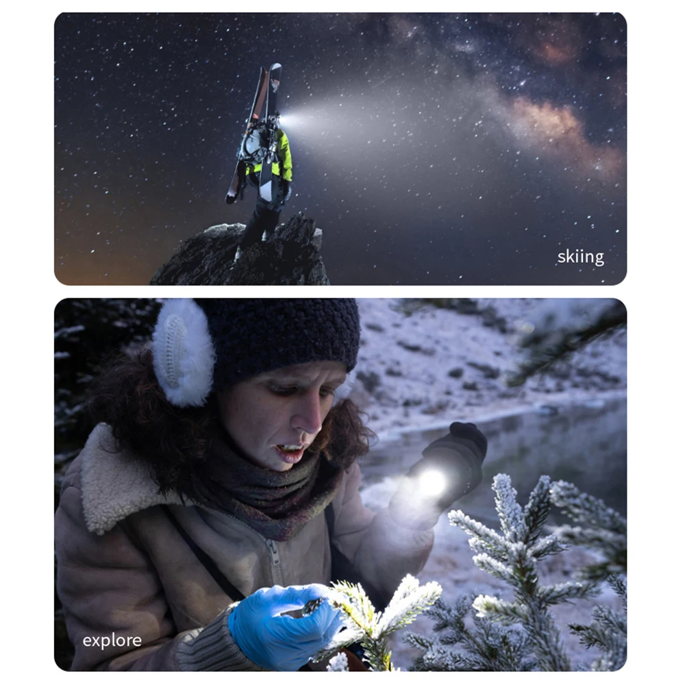 Top: On a rocky peak at night, a skier uses the Outdoor Flashlight SpyCam’s headlamp. Bottom: Dressed for winter, another examines a frosty plant with the waterproof Outdoor Flashlight SpyCam in crisp 1080p video.