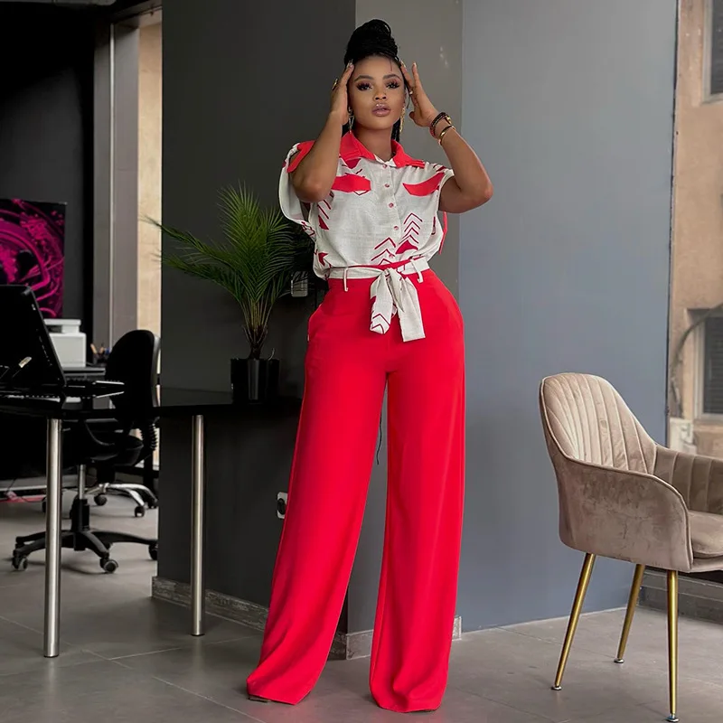

Women's 2024 Summer New Fashionable Polo Neck Short Sleeved Shirt Tie Up Wide Leg Long Pants Casual Set