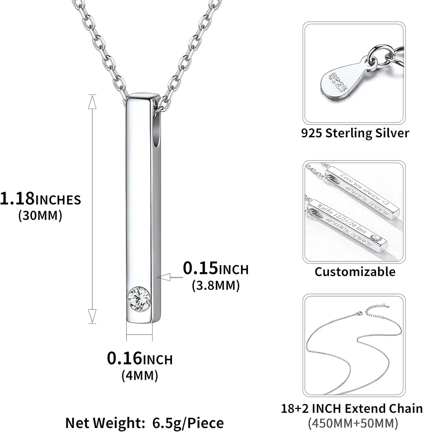  Personalized Bar Necklace with Birthstone 925 Sterling Silver Engraving Vertical Bar Unisex Custom Jewelry for Women