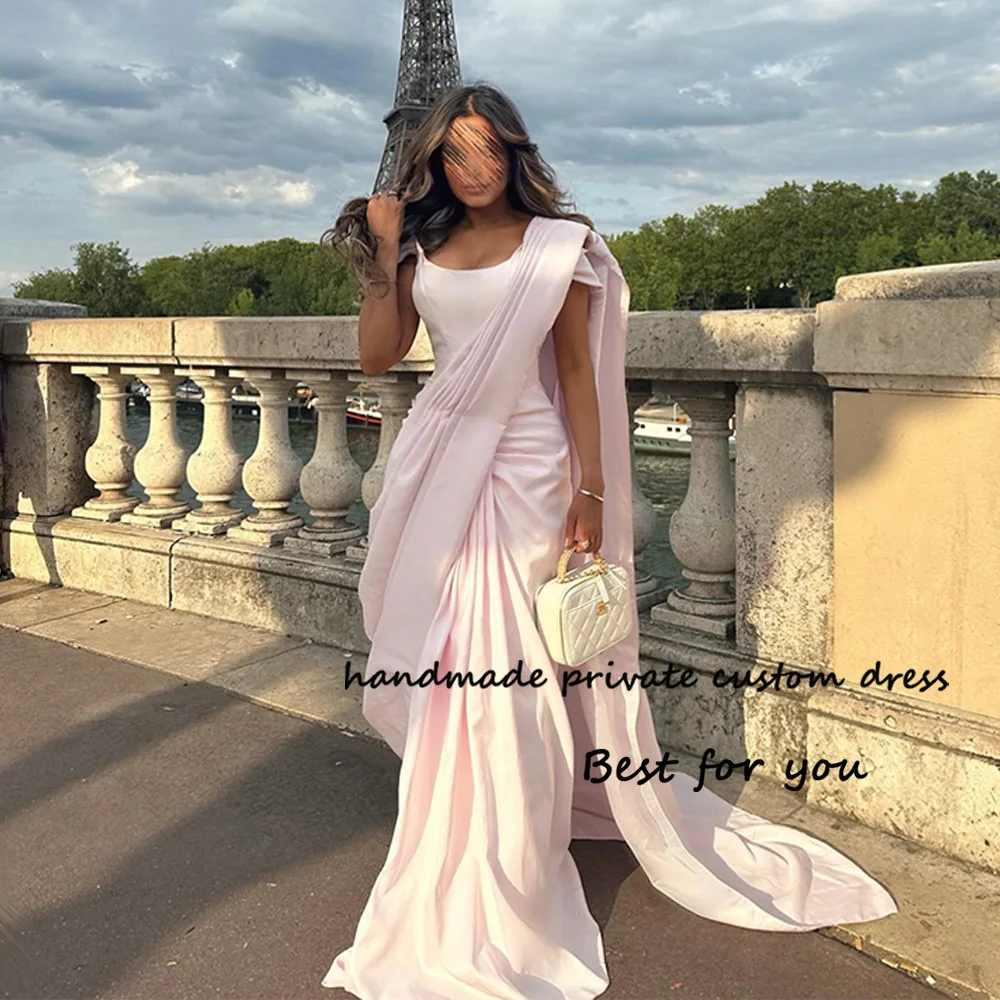 

Baby Pink Mermaid Evening Dresses One Shoulder Pleats Satin Tight Prom Party Dress Long Dubai Arabia Formal Evening Gowns