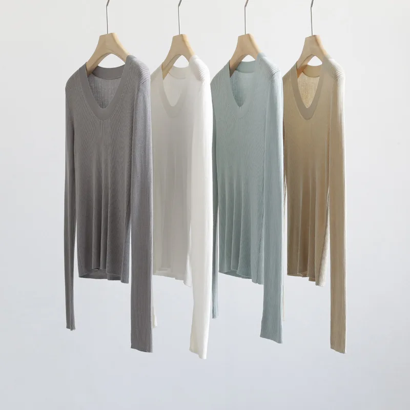 

Spring/Summer Thin Round Neck Lyocell Sky Silk Pullover Knitwear Women's Long Sleeve Solid Color Underlay Slim Fit Versatile Top