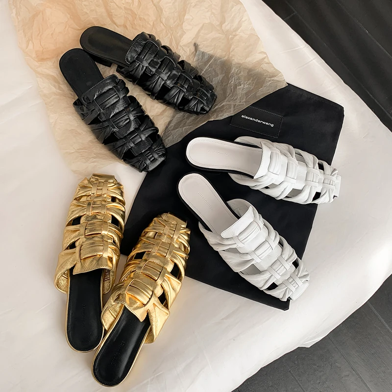 

Sheepskin Slippers Women's New Summer European and American Leather Sheepskin Thread Open Toe High Heel Large Slippers 2024