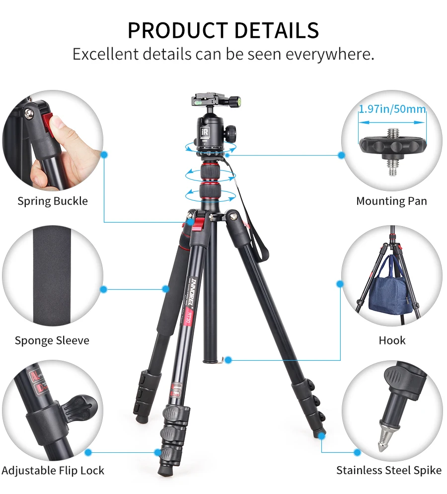 RT30 Tripod  Fast Flip Buckle Height 197cm/77.6in Monopod Aluminium Alloy Profes