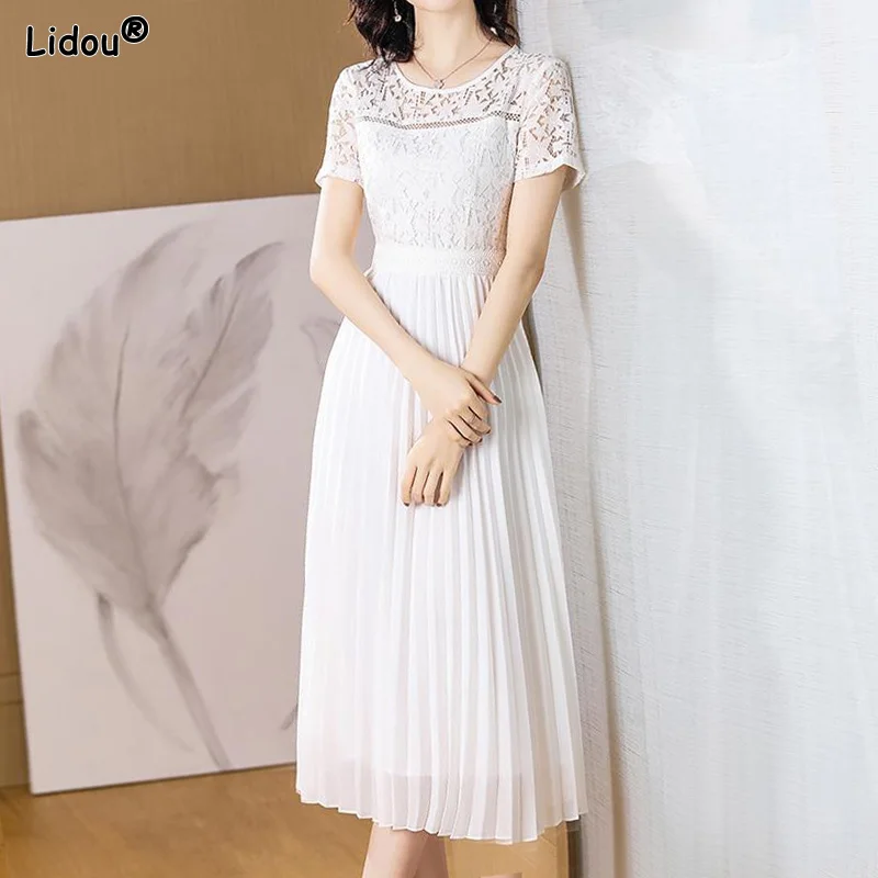 

Dresses Solid Short Sleeve 2023 Women's Clothing Round Neck Skinny Temperament Fashion Casual Summer Thin Knee Skirts Hollow Out