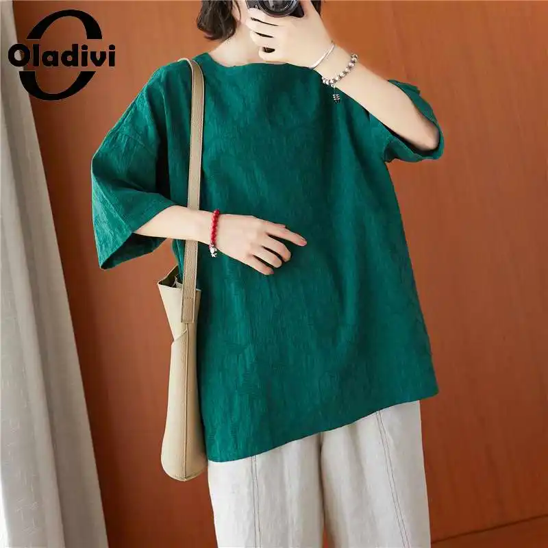 

Oladivi Oversized Solid Color Cotton Linen T-Shirt Women Summer 2022 New Casual Loose Tee Shirts Lady Big Top Female Blusa Tunic