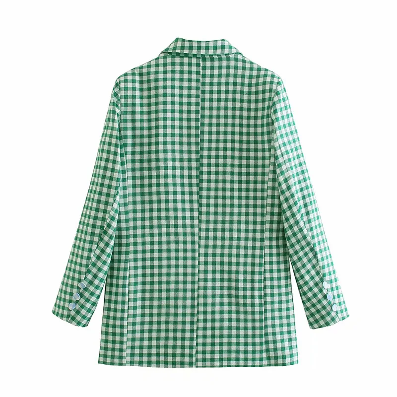 Za Green Plaid Casual Blazers Simple Autumn Notched Collar Double Breasted Woman Loose Long Jackets Female Checked Coat 2024