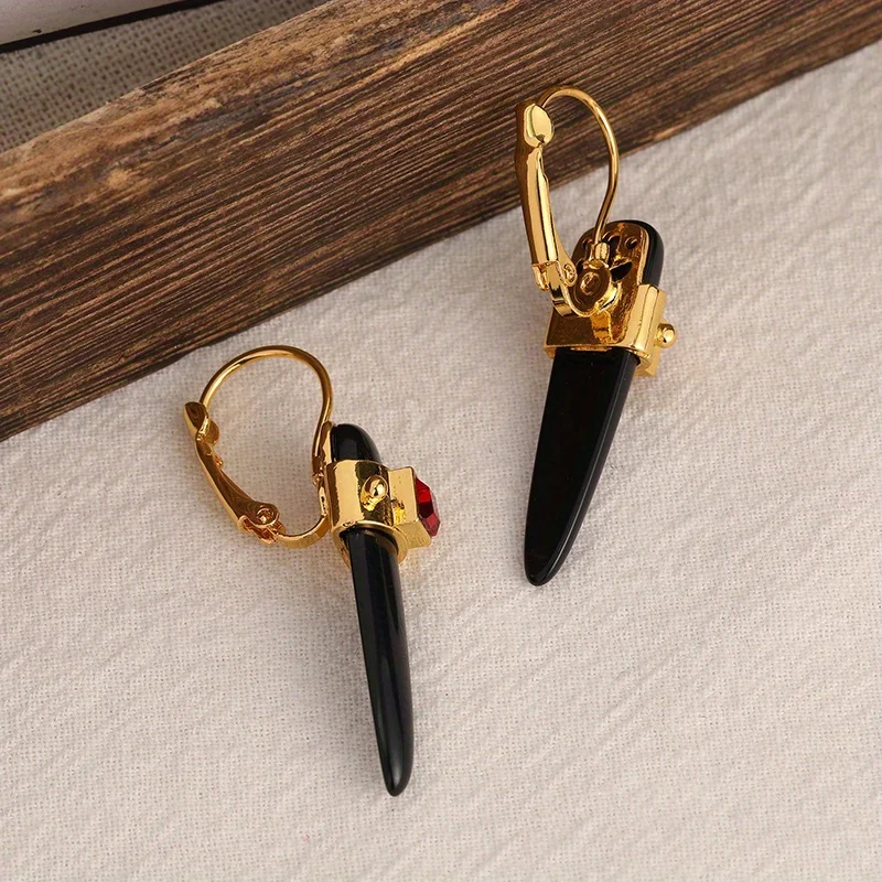 Dangle Earrings Vintage Metal Artisan set black stone Minimalist Bohemian