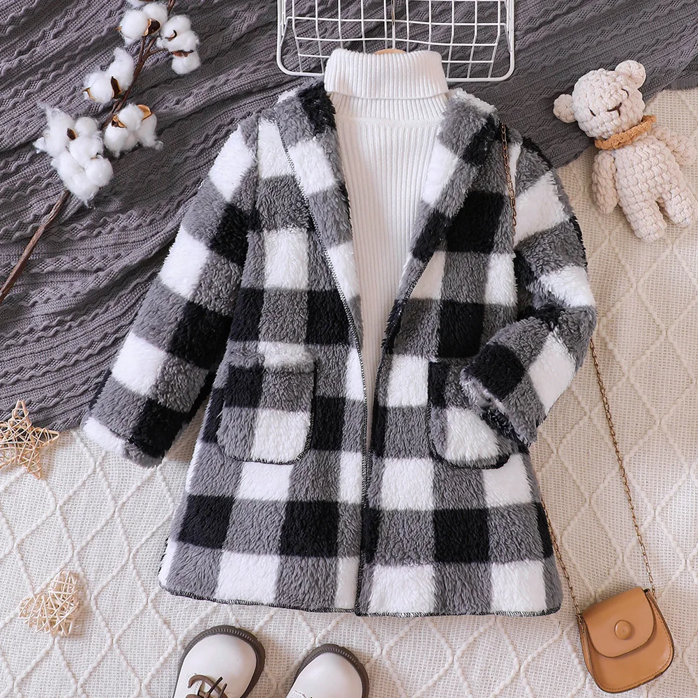 Kids Casual Coat for Girls Autumn Winter Long Sleeve Plaid Fur Thicken Long Outwear girls winter coat