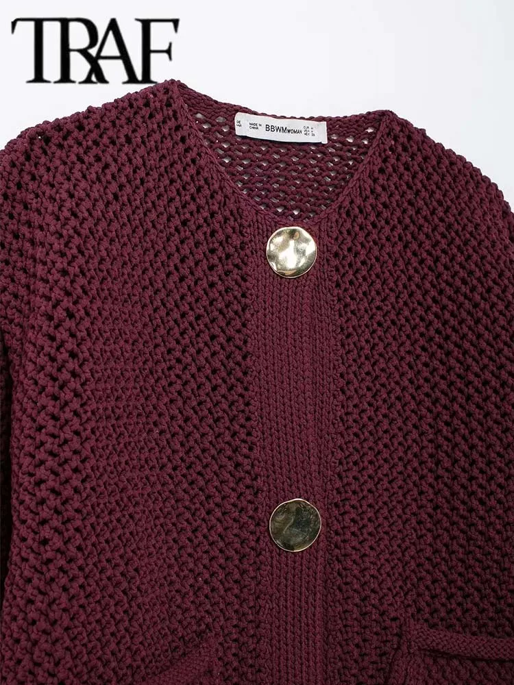 TRAF Autumn Winter Knitted Cardigans For Women Casual Button Long Sleeve Female Sweater 2024 Fashion Loose Lady Cardigans Coat 4
