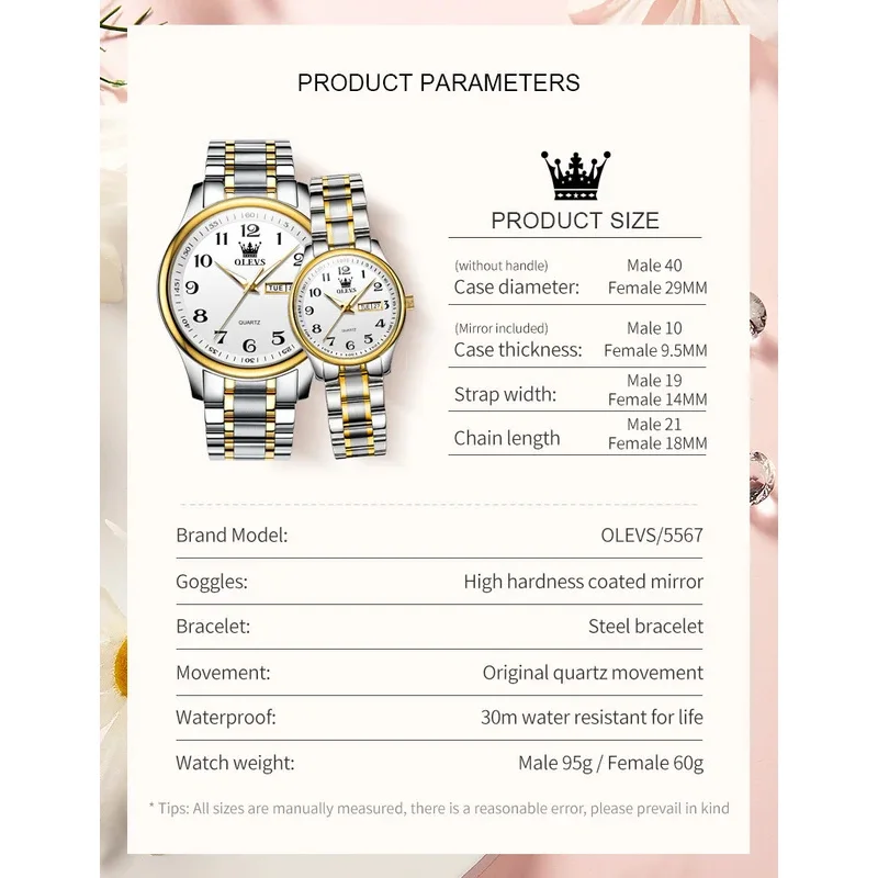 Olevs 5567 classic dual calendar quartz couple watch stainless steel number scale waterproof luxury watch men women