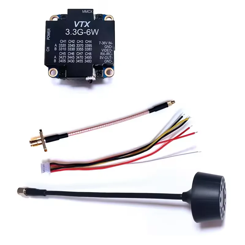 VTX 3.3G 6W installé sur un drone avec antenne et câbles d'alimentation visibles