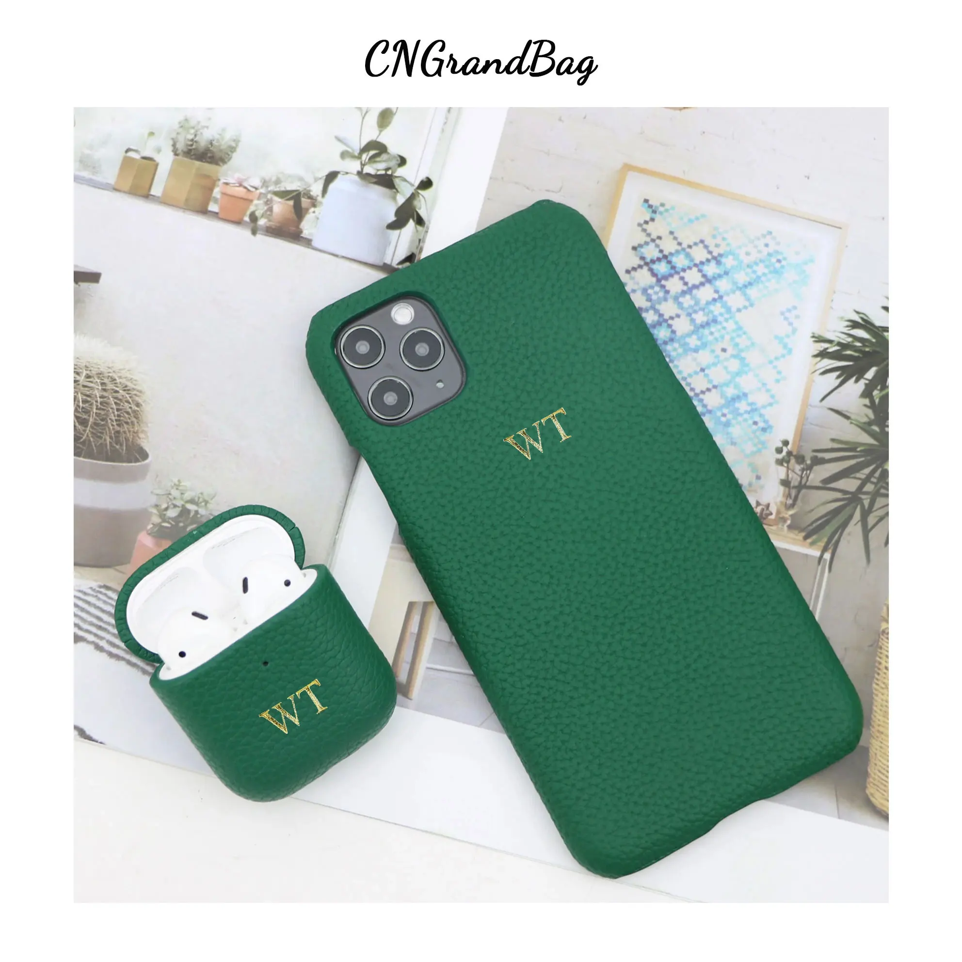 Customized Genuine Leather Case Set For Airpods 1 2 pro and for Iphone 15 14 Pro Max Protective Leather Cover for Mobile/Airpods