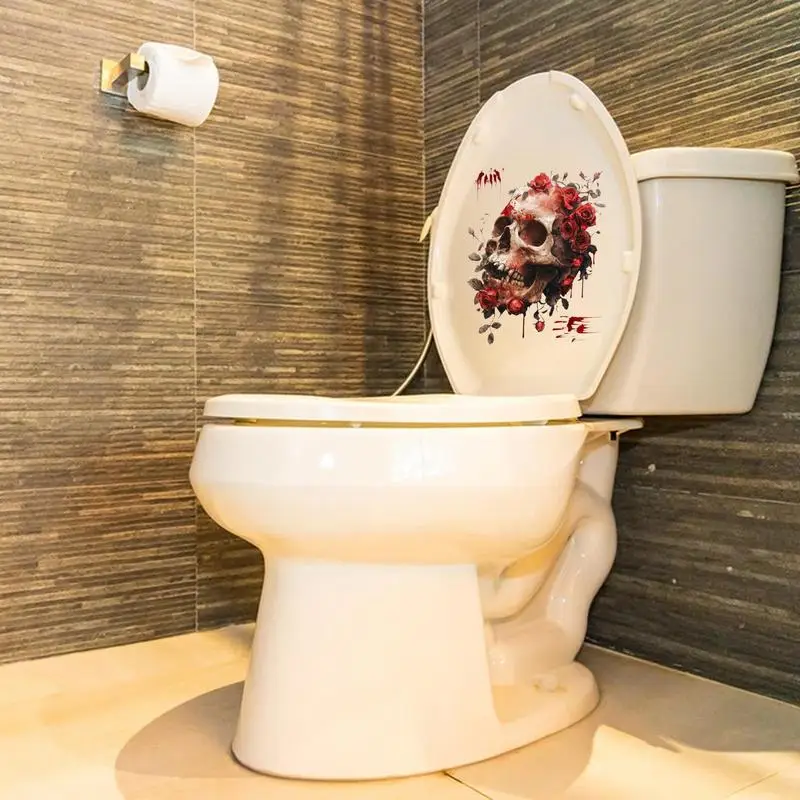Funny Toilet Seat Lid Stickers Self-Adhesive Removable Toilet Seat Decals Skull Bathroom Wall Decals Skull Horror