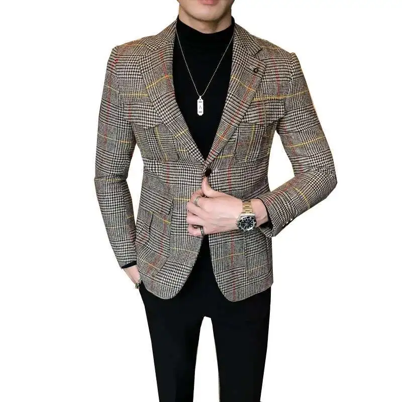 Vintage Plaid Blazer British Stylish Male Blazer Suit Jacket Business Casual Jacket Terno Masculino Mens Pattern