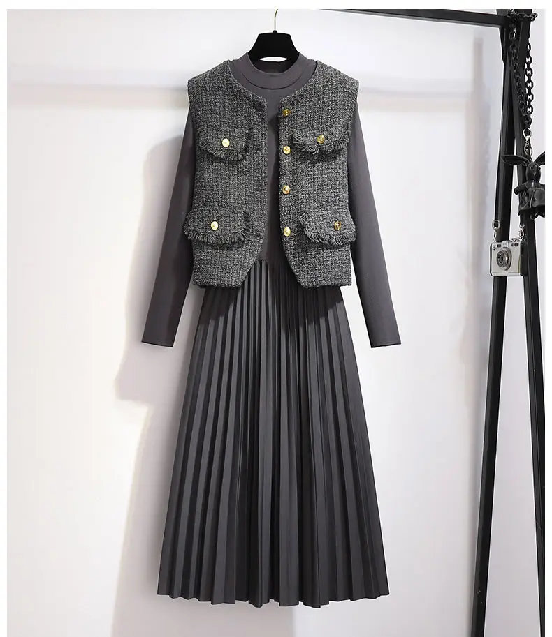 

Женский элегантный стиль, зимний осенний костюм, твидовый жилет, куртка, топ и платье, комплект из двух предметов, подходящий наряд, новая Корейская одежда