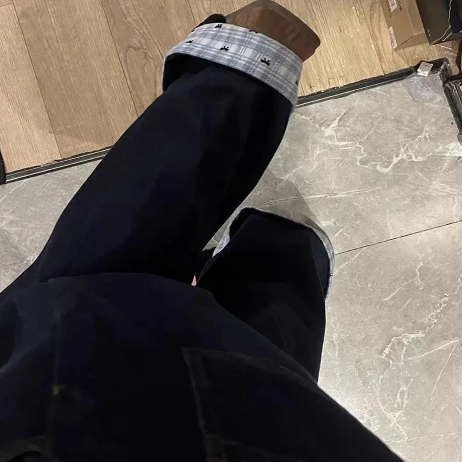 American Retro Plaid Splicing Jeans Women Loose Wide Leg Pants Spring Season Small Audience Butterfly Knot Long Pants - Image 4