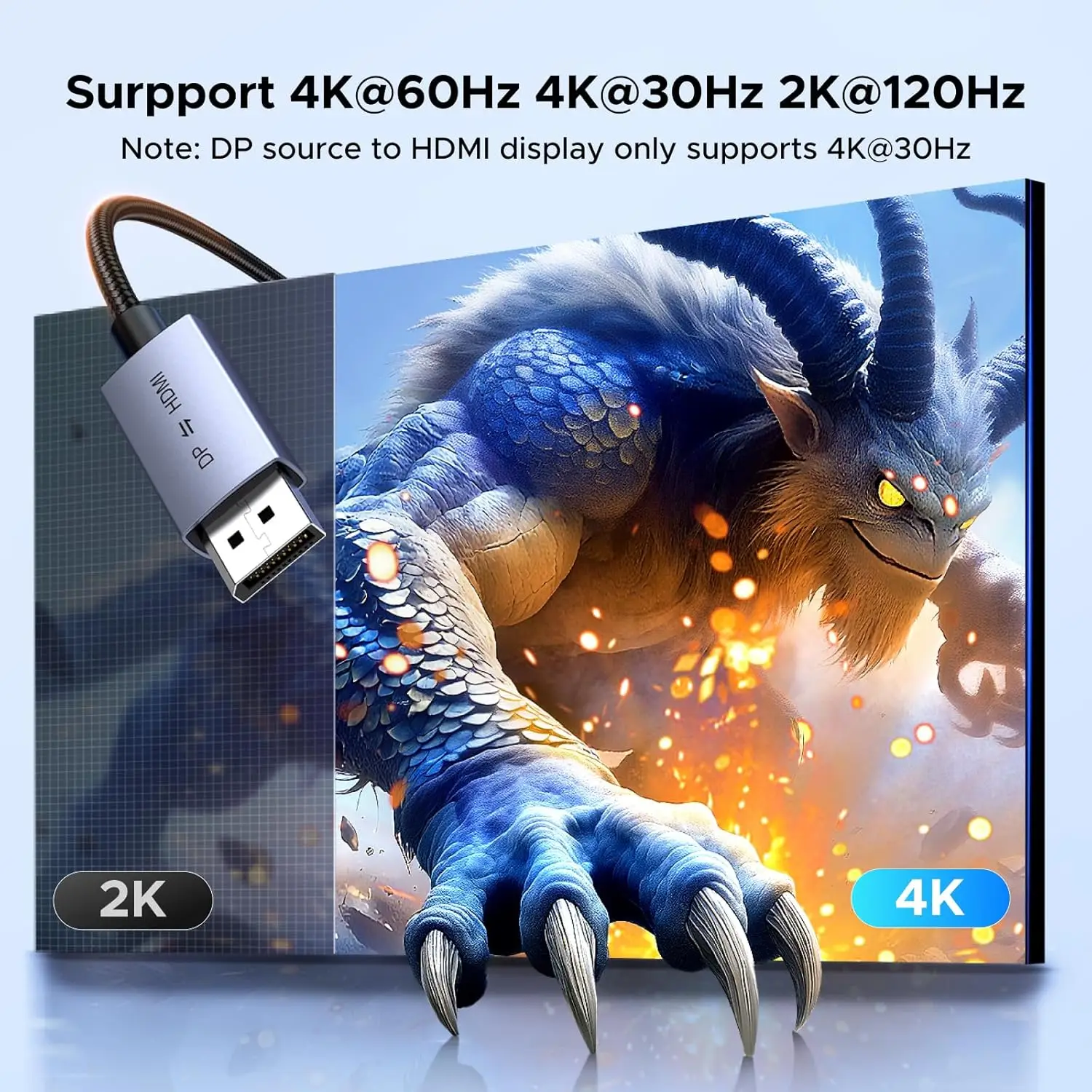 UGREEN 4K 60Hz 양방향 디스플레이포트 케이블 남성-남성 어댑터 DP 1.2, HDCP 2.2, 1.4 4K 30Hz USB 전원 공급