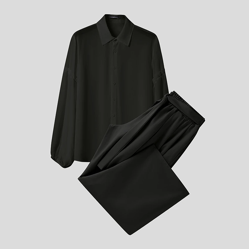 INCERUN Men Sets Solid See Through Long Sleeve Pleated Shirt & Pants Two Pieces Sets Streetwear Loose Sexy Men's Casual Suits