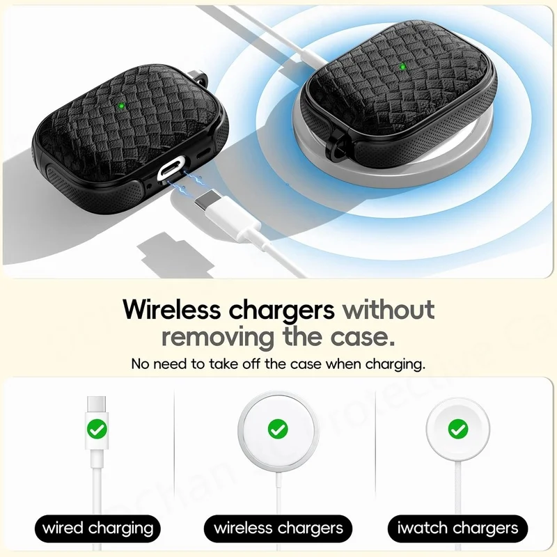 Woven Leather Texture Headphone Case with Lanyard, Non-Slip Earbuds Holder