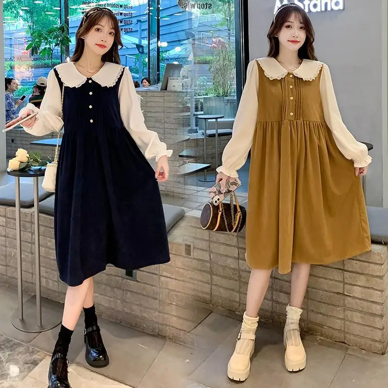 

Maternity Dress Autumn New Doll Collar Splicing Loose Slim Fashion Long Sleeve Clothes for Pregnant Women Pregnancy Dress