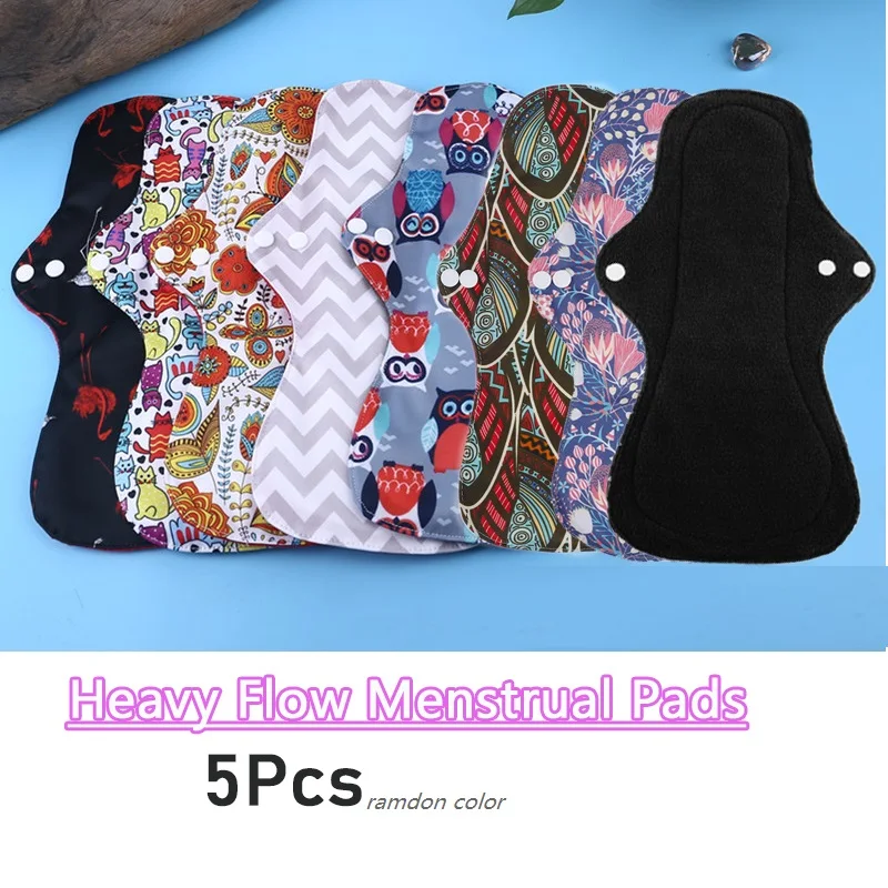 Bamboo Charcoal Washable Menstrual Pads Women Cloth Pads for Heavy Periods Reusable Sanitary Napkin Set 5Pcs XL Sanitary Towels 2
