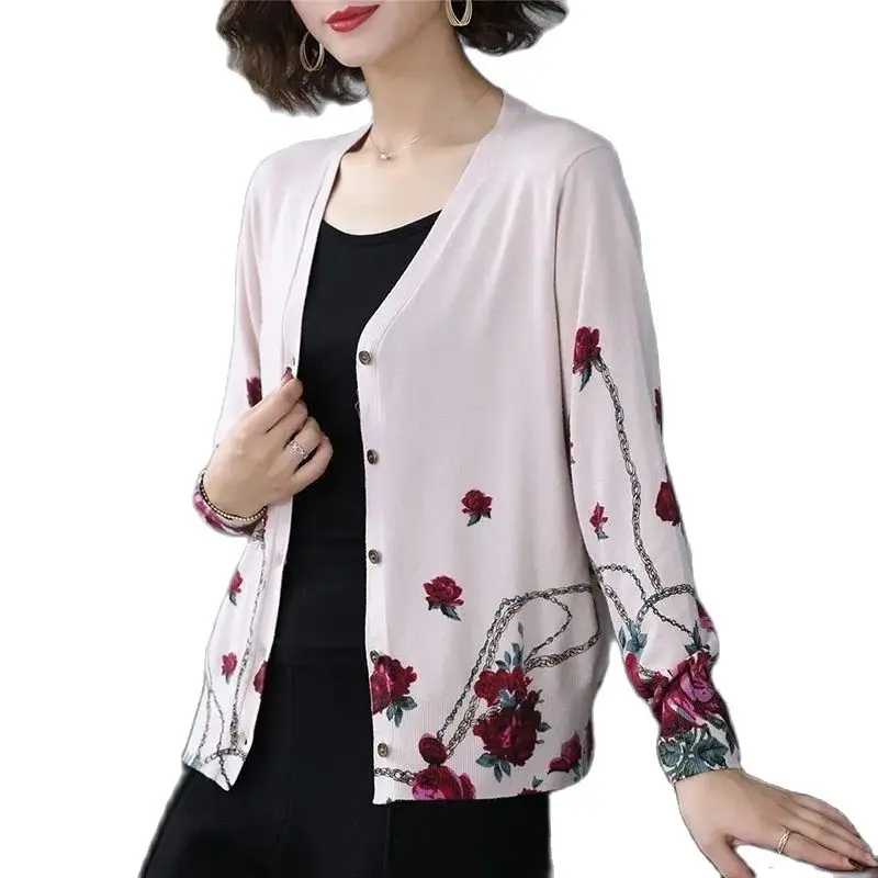 

Fashion Plant Flowers Knit Sweater Cardigan Women's knitwear Spring Autumn Knitted Jacket Casual Outerwear Tops Korean Version
