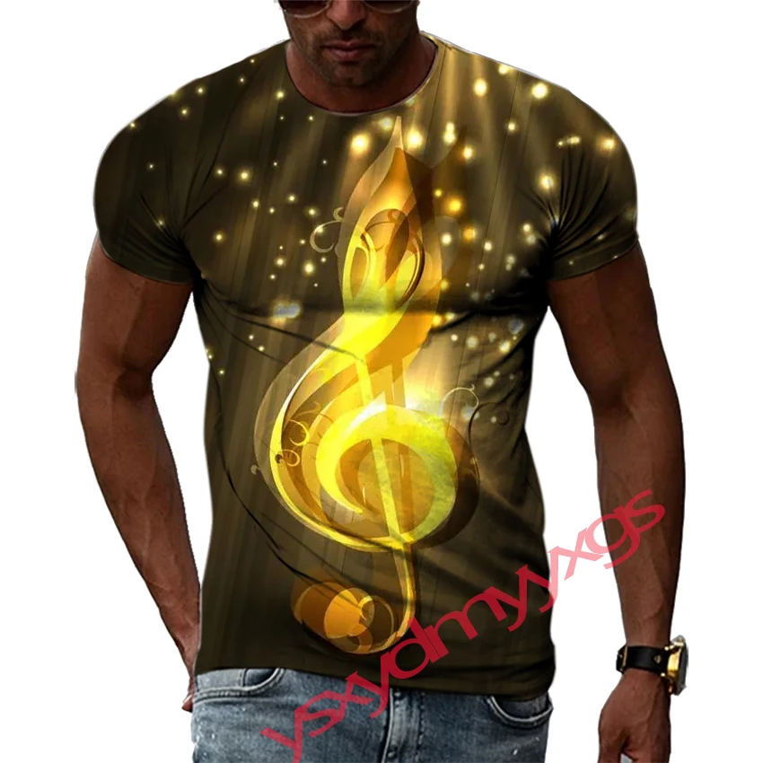 

Tide Fashion Summe Golden Note Picture Men's T-shirt Casual Print Tees Hip Hop Personality Round Neck Short Sleev Tops