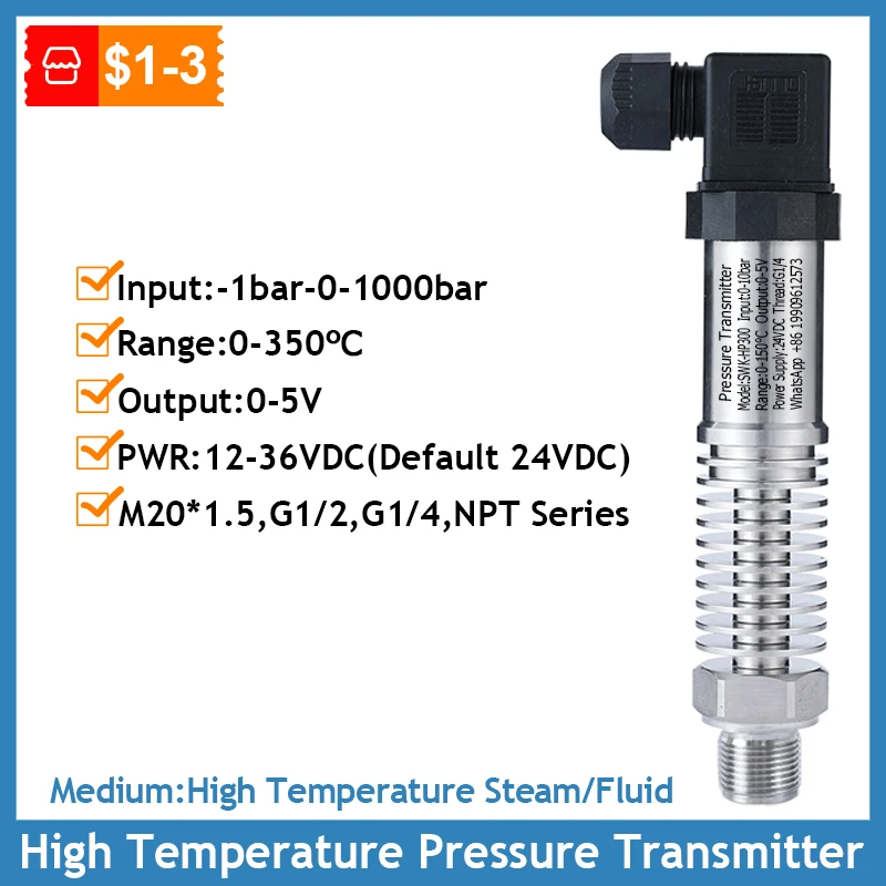 

High Temperature Pressure Sensor 0-5V Output 0-1000bar Measuring 0-350℃ Boiler Steam Hot Water Oil Pressure Transmitter