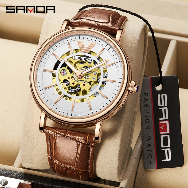 

SANDA Men Tourbillon Automatic Mechanical Wristwatch Skeleton Hollow Design 30M Waterproof Leather Strap Male Watch Reloj Hombre