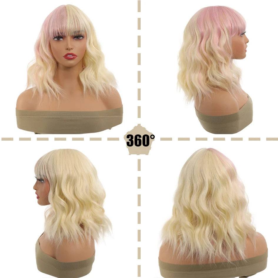 Synthetic pink wig blonde Wig20-inch matching water wavy short hair, halloween Cosplay party wigs, pelucas de mujer,