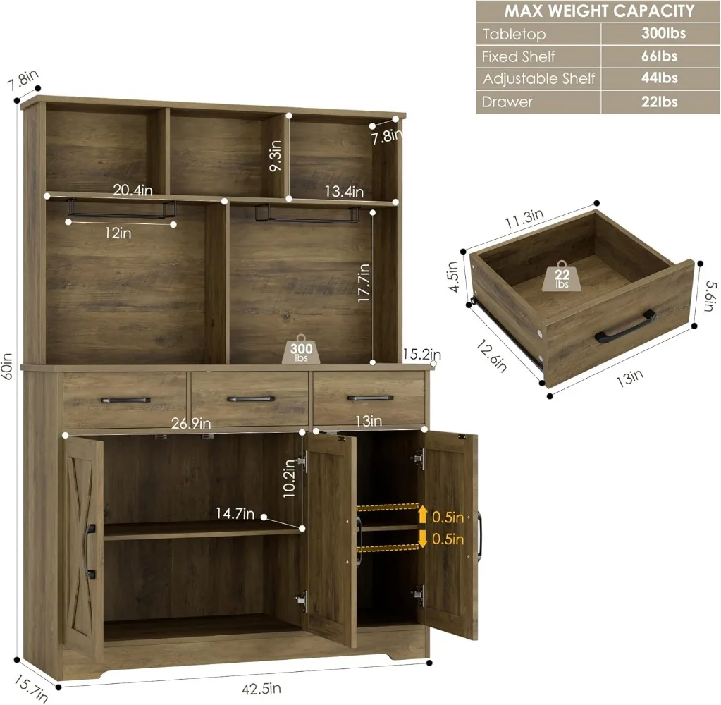 HOSTACK Buffet Cabinet with Hutch, Modern Farmhouse Kitchen Buffet Sideboard Storage Cabinet with 3 Drawers, Barn Door Coffee