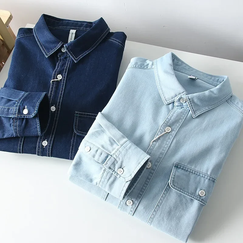 Men's Long Sleeve Denim Shirt Spring Autumn Japanese Vintage Youth Short Sleeves Cotton Washing Machine Trendy Top