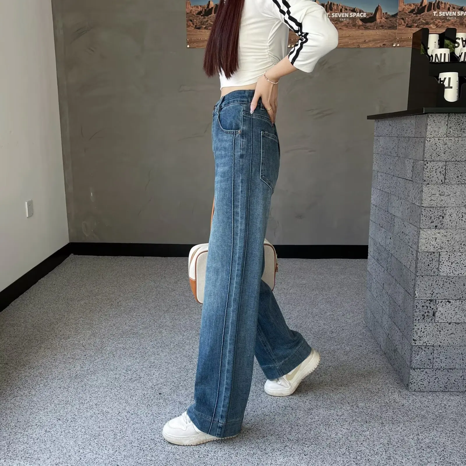 Plus Size Women's Jeans Autumn Wear Simple And Casual VINTAGE Side Splice Stretched Denim Straight Leg Long Pants 8658