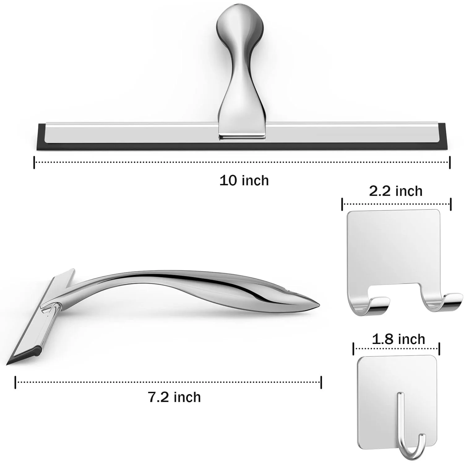 Multi-purpose stainless steel shower squeegee for shower glass doors with 2 adhesive hooks, bathroom cleaning tool.