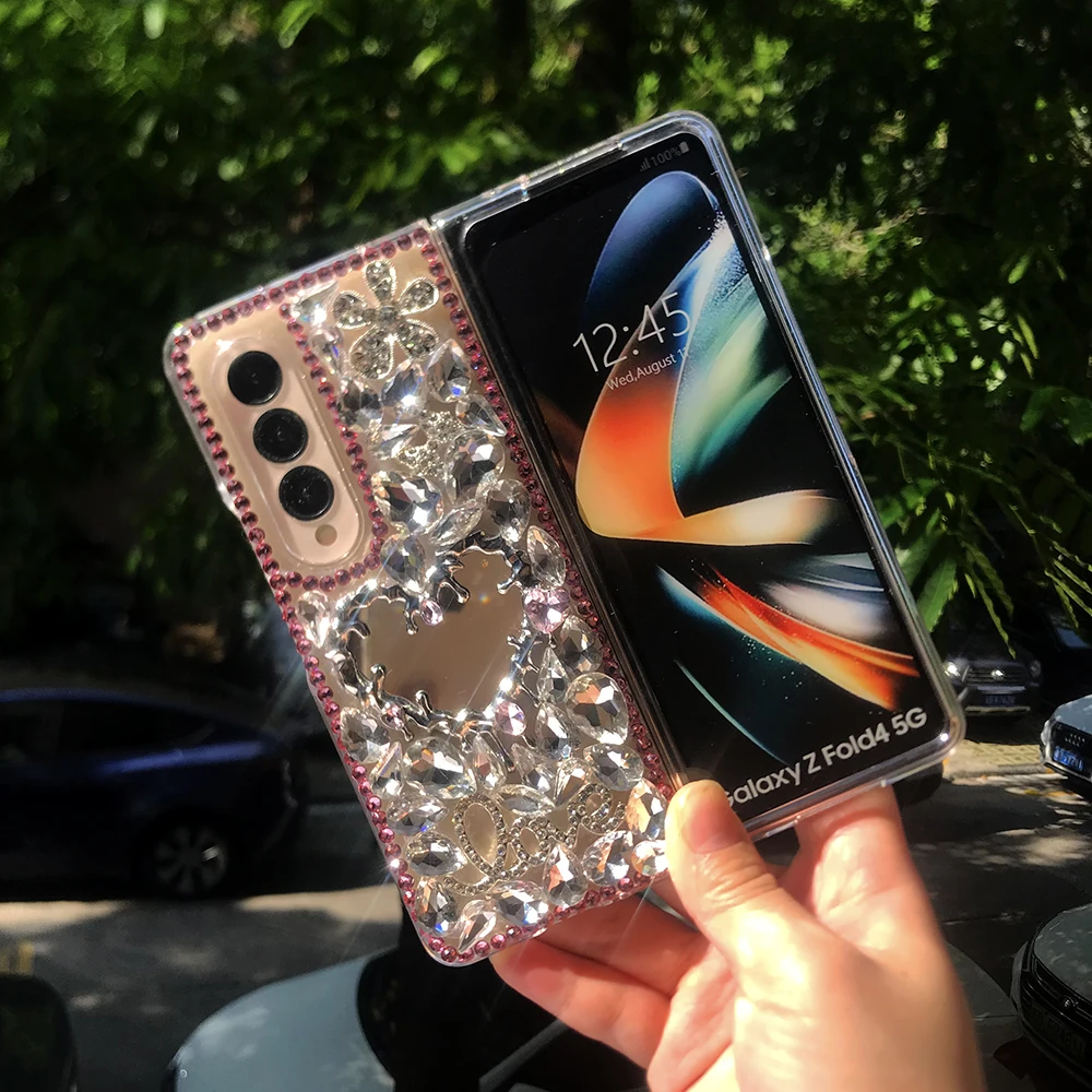 Bling Rhinestone Broken Heart Mirror Phone Case with Diamond Flower and Water Drop Crystal Design