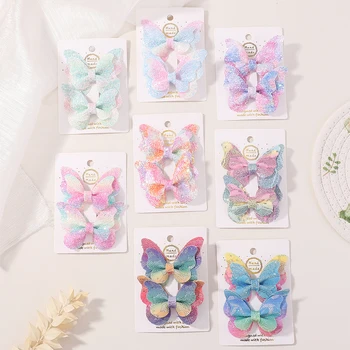 2Pcs/set Solid Color Cotton Hair Bows Hair Clips for Baby Girls Leather Butterfly Hairpins Barrettes Headwear Hair Acesssories