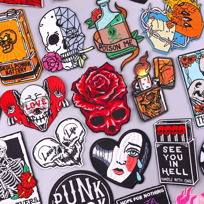 

Punk/Rose Skull Patch Iron On Embroidered Patches For Clothing Thermoadhesive Patches On Clothes Sewing Applique Fusible Patch
