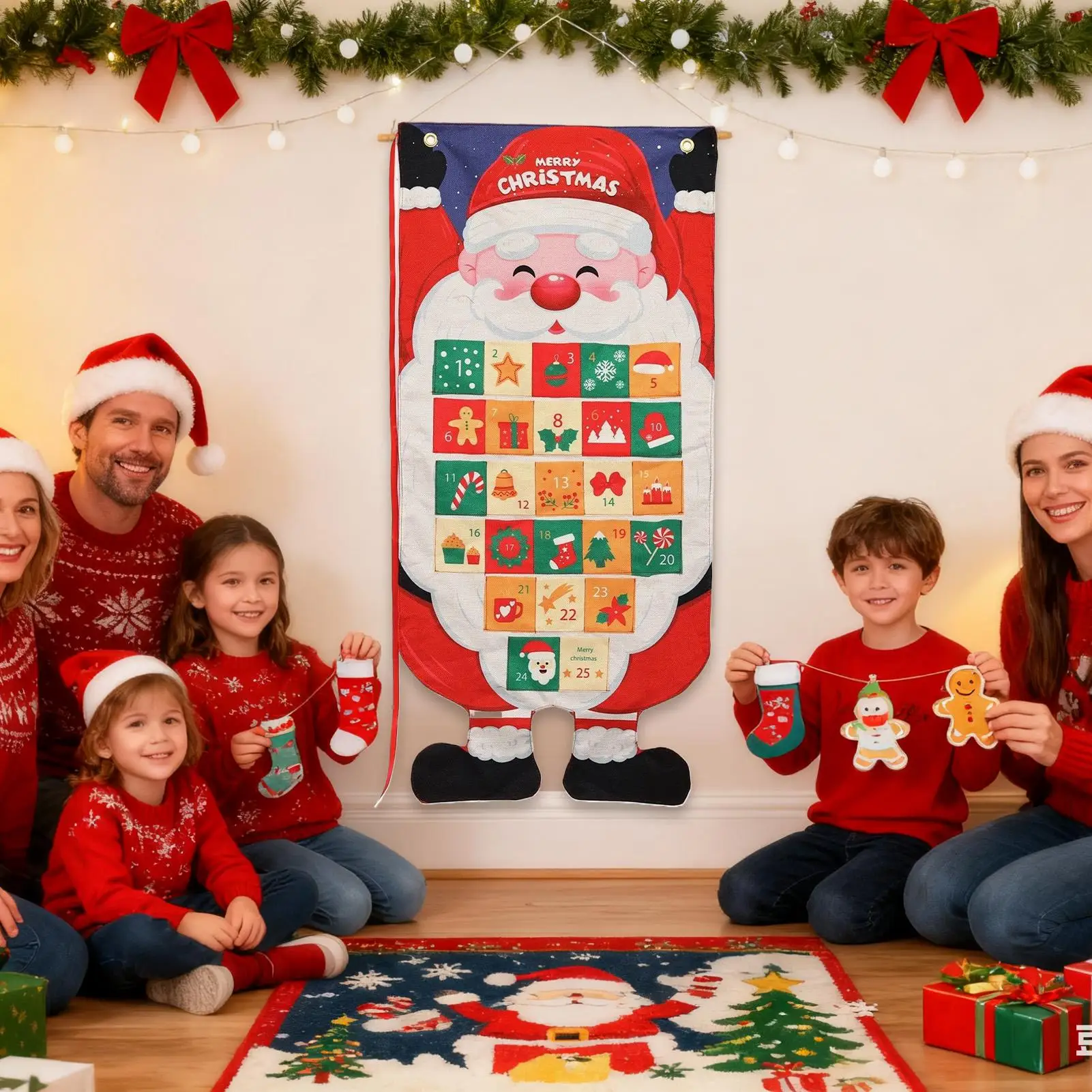 Fabric Hangable Storage Bag Christmas Advent Calendar Christmas Countdown Calendar with 24 Pockets for Home Living Room Decor