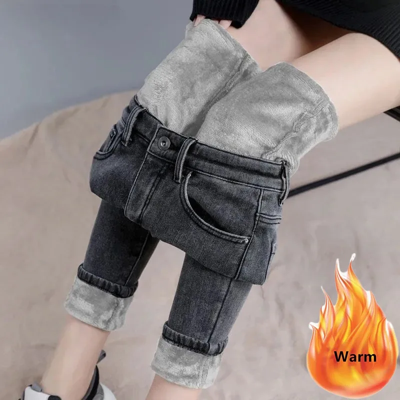 

Women Thick Warm High Waist Skinny Pencil Denim Pants Slim Vaqueros Stretch Jean Pantalones Winter Streetwear Velvet Lined Jeans