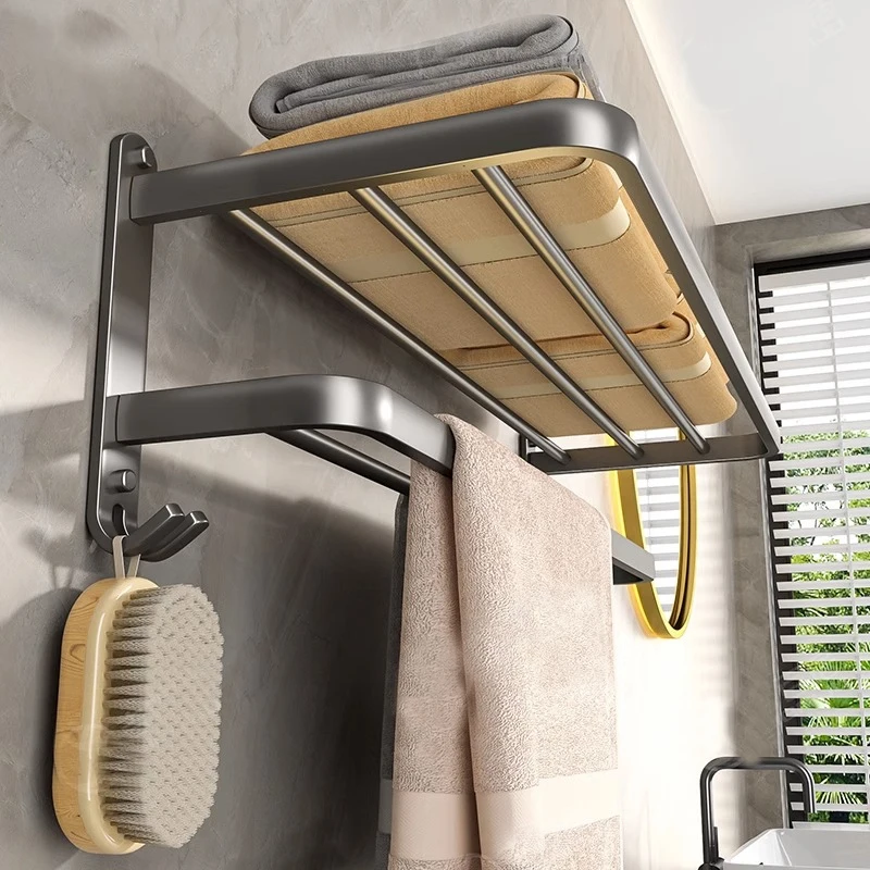 Foldable Towel Rack with Hooks Wall Mount AluminumTowel Rack Rustproof Towel Storage Wall Mount for Bathroom Lavatory for Home