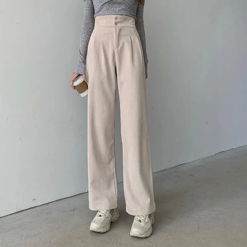 2024 New Fashion Women Corduroy Long Pant High Waist Double Button Loose Female Straight Leg Trousers Casual Pantalon Femme