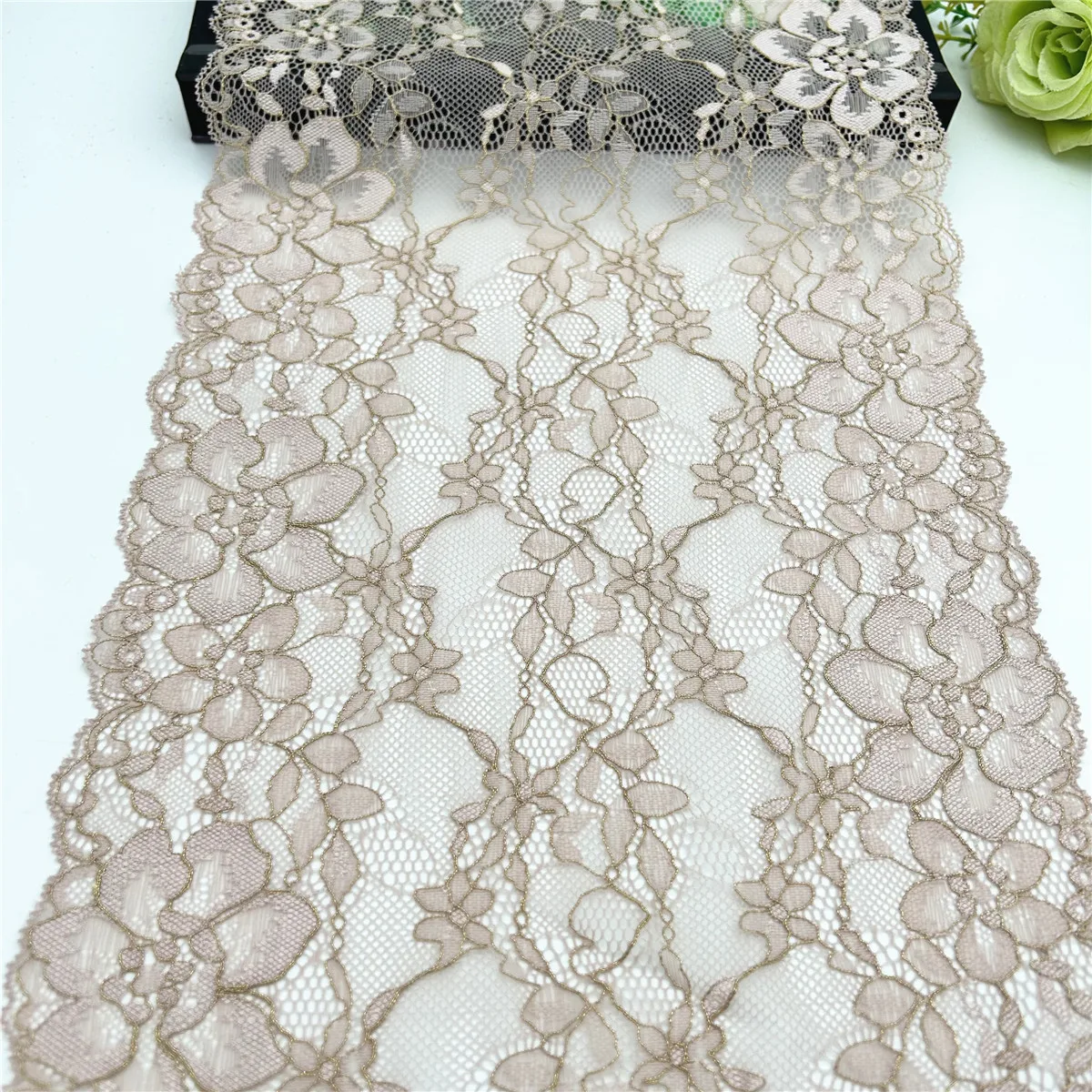 3y/lot Width 24cm Light Pink With Gold Elastic Stretch Lace Trim 5