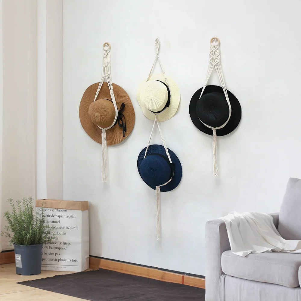 

Bohemian Macrame Hanging Hat Organizer Nordic Cotton Rope Tapestry Caps Display Rack Storage for Home Wall Decoration