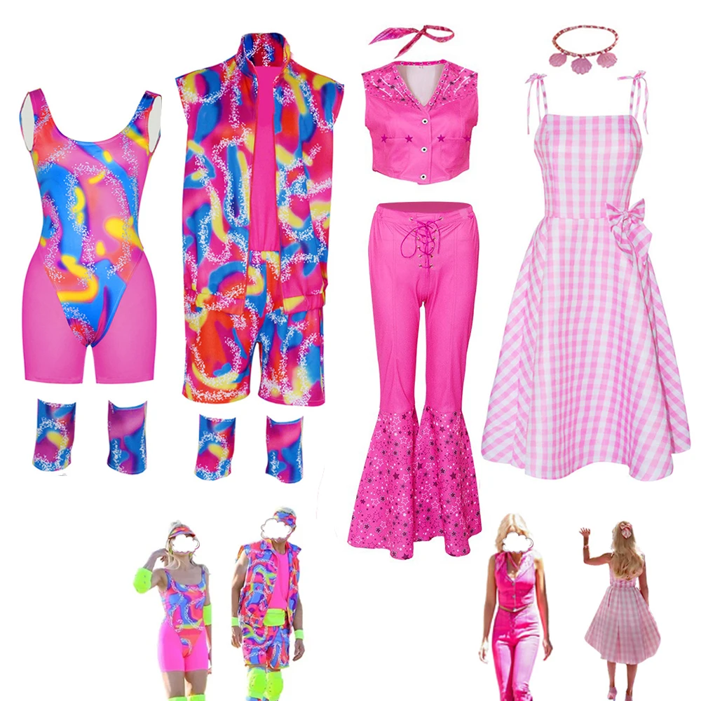 

Movie Barbi Margot Robbie Cosplay Costume for Women Girls Pink Dress Tops Pants Ryan Gosling Ken Cosplay Beach Wear Sports Suit