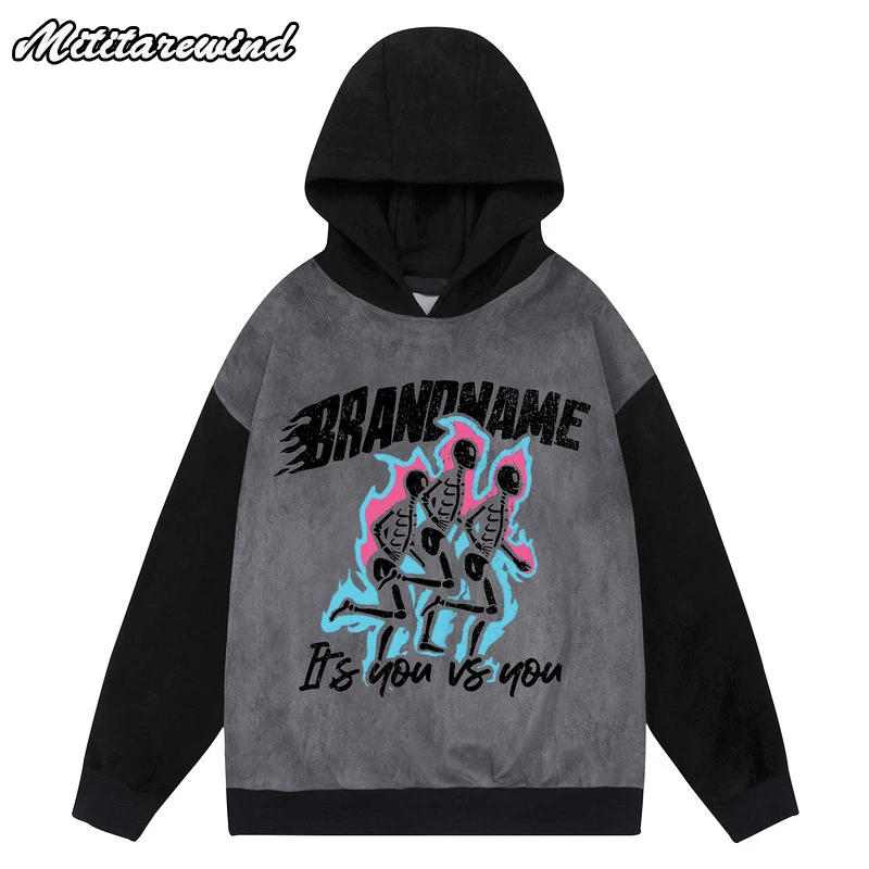 

Men's Autumn New Design Suede Print Oversize Loose Hoodies Contrst Color Spliced High Street Sweatshirts Hip Hop Streetwear